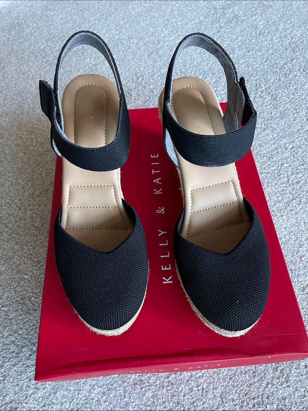 Kelly & Katie Black Espadrille Slingback Wedges with Ankle Strap